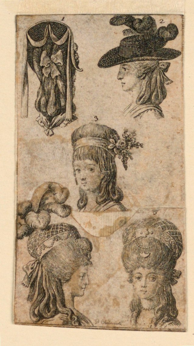 五个妇女头饰，"Königl: Grosbrit [anische] Genealogischer Kalender auf das 1781 Jahr Lauenberg bey J.G. Berenberg "插图的两个片段。 作者 丹尼尔·尼古拉斯·肖多维奇