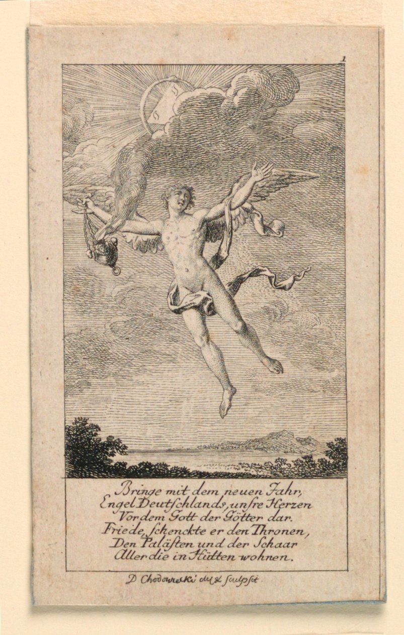 德国新年愿望，"Königl: Grosbrit [anische] Genealogischer Kalender auf das 1780 Jahr Lauenberg bey J.G. Berenberg "插图。 作者 丹尼尔·尼古拉斯·肖多维奇