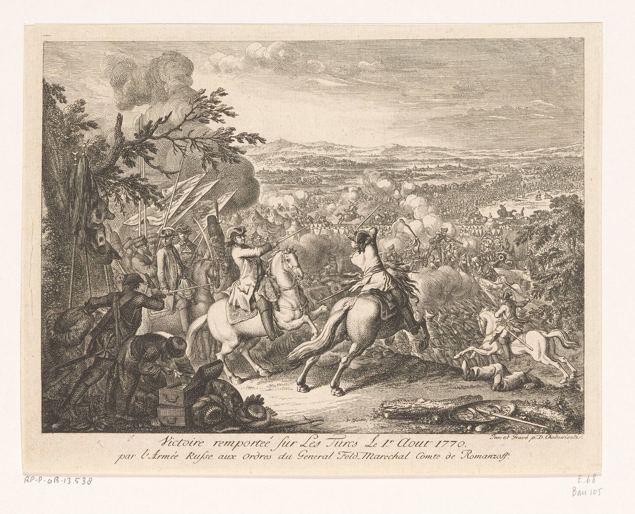 Overwinning van generaal Roemjantsev tijdens de Slag bij Cahul, 1770
1770 年 8 月 1 日，俄罗斯军队在罗曼佐夫伯爵元帅的指挥下战胜土耳其人（标题见实物） 作者 丹尼尔·尼古拉斯·肖多维奇