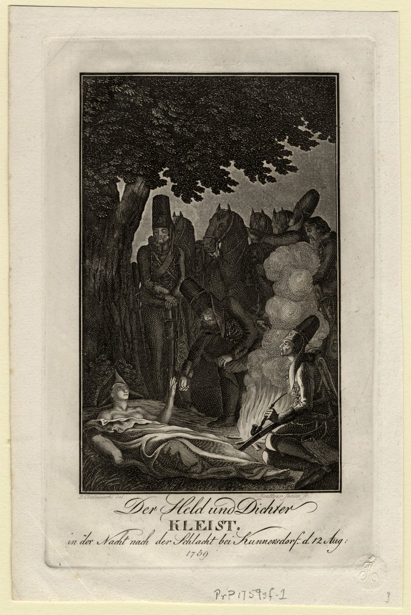诗人埃瓦尔德·冯·克莱斯特（Ewald von Kleist），在1759年8月12日，大约1759年在库纳斯多夫战役中 作者 丹尼尔·尼古拉斯·肖多维奇