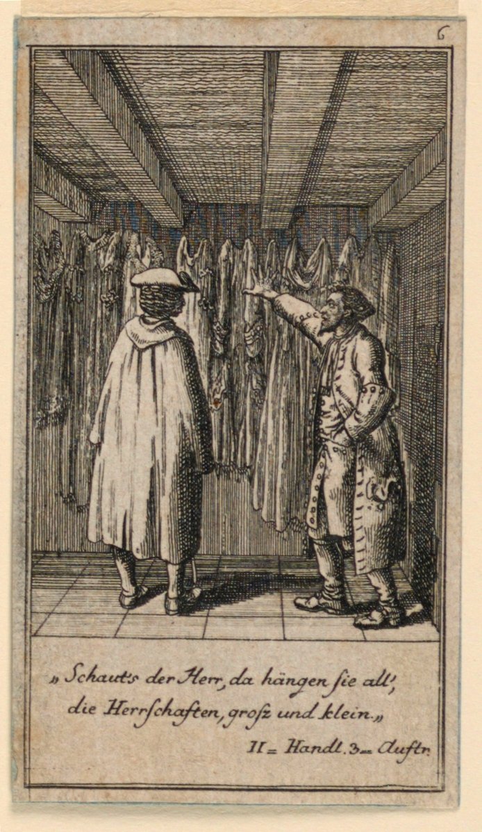 Königl: Grosbrit [anische] Genealogischer Kalender auf das 1782 Jahr Lauenberg bey J.G. Berenberg "中弗雷德里希-威廉-格罗斯曼创作的剧本 "Nicht mehr als sachs Schuesseln "的插图。 作者 丹尼尔·尼古拉斯·肖多维奇