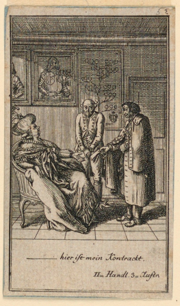 老妇人雇人，弗雷德里克-威廉-格罗斯曼在 "Königl: Grosbrit [anische] Genealogischer Kalender auf das 1782 Jahr Lauenberg bey J.G. Berenberg "中的戏剧插图 "Nicht mehr als sachs Schuesseln"。 作者 丹尼尔·尼古拉斯·肖多维奇