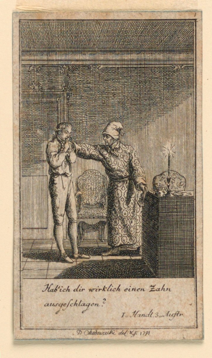 一记耳光，弗雷德里希-威廉-格罗斯曼（Fredrich Wilhelm Grossman）在 "Königl: Grosbrit [anische] Genealogischer Kalender auf das 1782 Jahr Lauenberg bey J.G.Berenberg "中创作的剧本 "Nicht mehr als sachs Schuesseln "的插图。 作者 丹尼尔·尼古拉斯·肖多维奇
