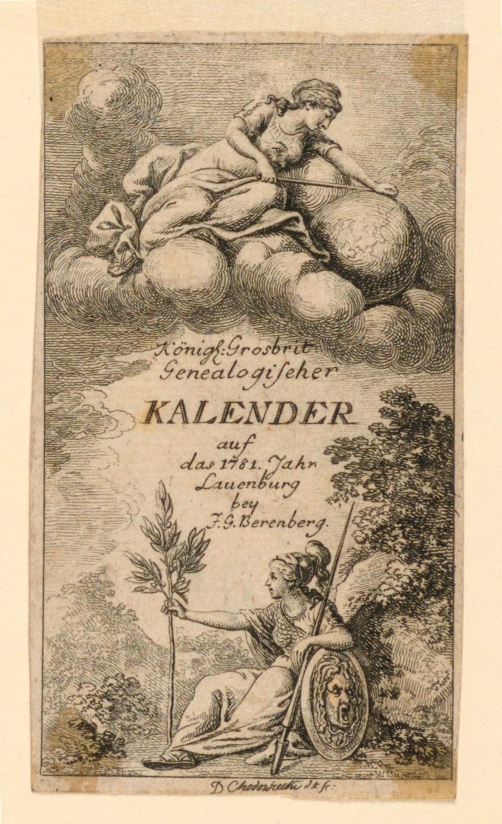 标题页为 "Königl: Grosbrit [anische] Genealogischer Kalender auf das 1781 Jahr Lauenberg bey J.G. Berenberg"。 作者 丹尼尔·尼古拉斯·肖多维奇
