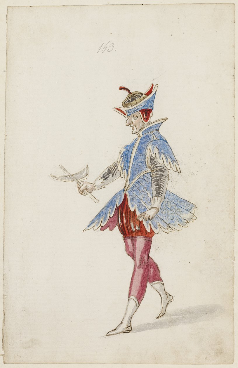 男性人物穿着蓝色和红色的服装，来自芭蕾舞团，1626年（棕色墨水，卫生间和金属漆，在黑纸上涂上黑色粉笔） 作者 丹尼尔·拉贝尔（Daniel Rabel）