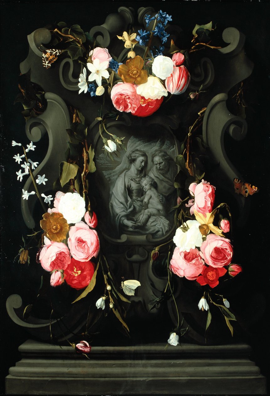 与神圣家族的花环，1625-27（铜上油） 作者 丹尼尔·塞格斯