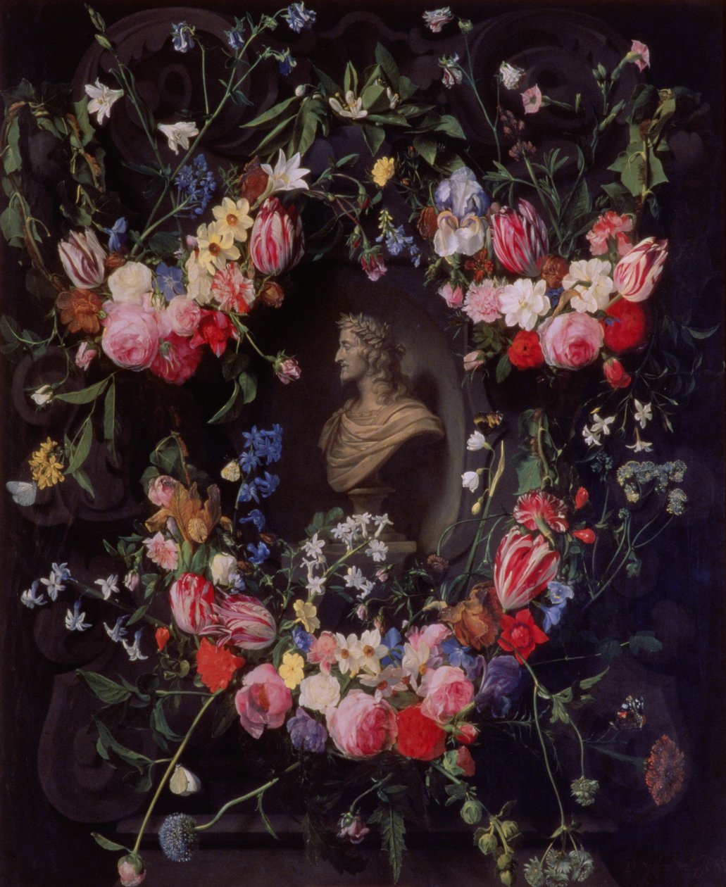 围绕Archduke Leopold Guglielmo大理石半身像的花的花环，c.1647 作者 丹尼尔·塞格斯