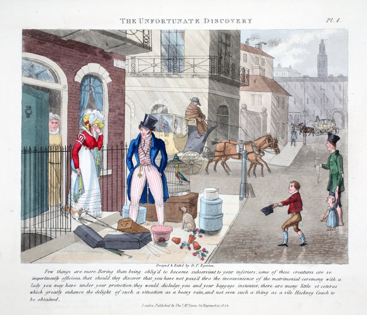 The Unfortunate Discovery，来自“高级生活中的时尚钻孔或冷却器”的插图，由Peter Quiz，酒吧。 Thomas McLean，1824年伦敦（手工彩色雕刻） 作者 丹尼尔·托马斯·埃格顿