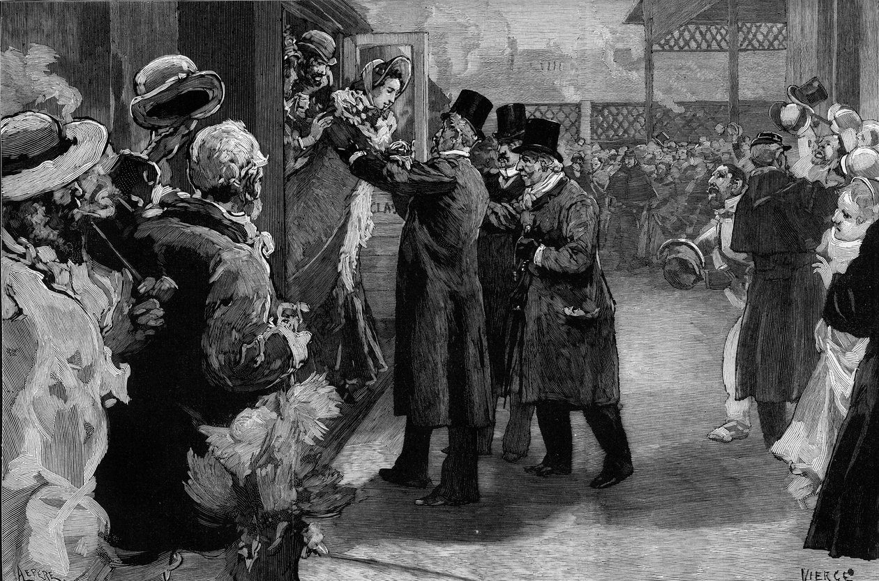 路易丝-米歇尔因参加巴黎公社而被驱逐出境后回到法国（1830-1905）。在圣拉扎尔车站（Saint-Lazare）受到亨利-罗什福尔（1831-1913）、路易-布朗（181-1882）和乔治-克莱蒙梭（1841-1929）的欢迎。 作者 丹尼尔·乌拉比埃塔·维奇（Daniel Urrabieta Vierge）