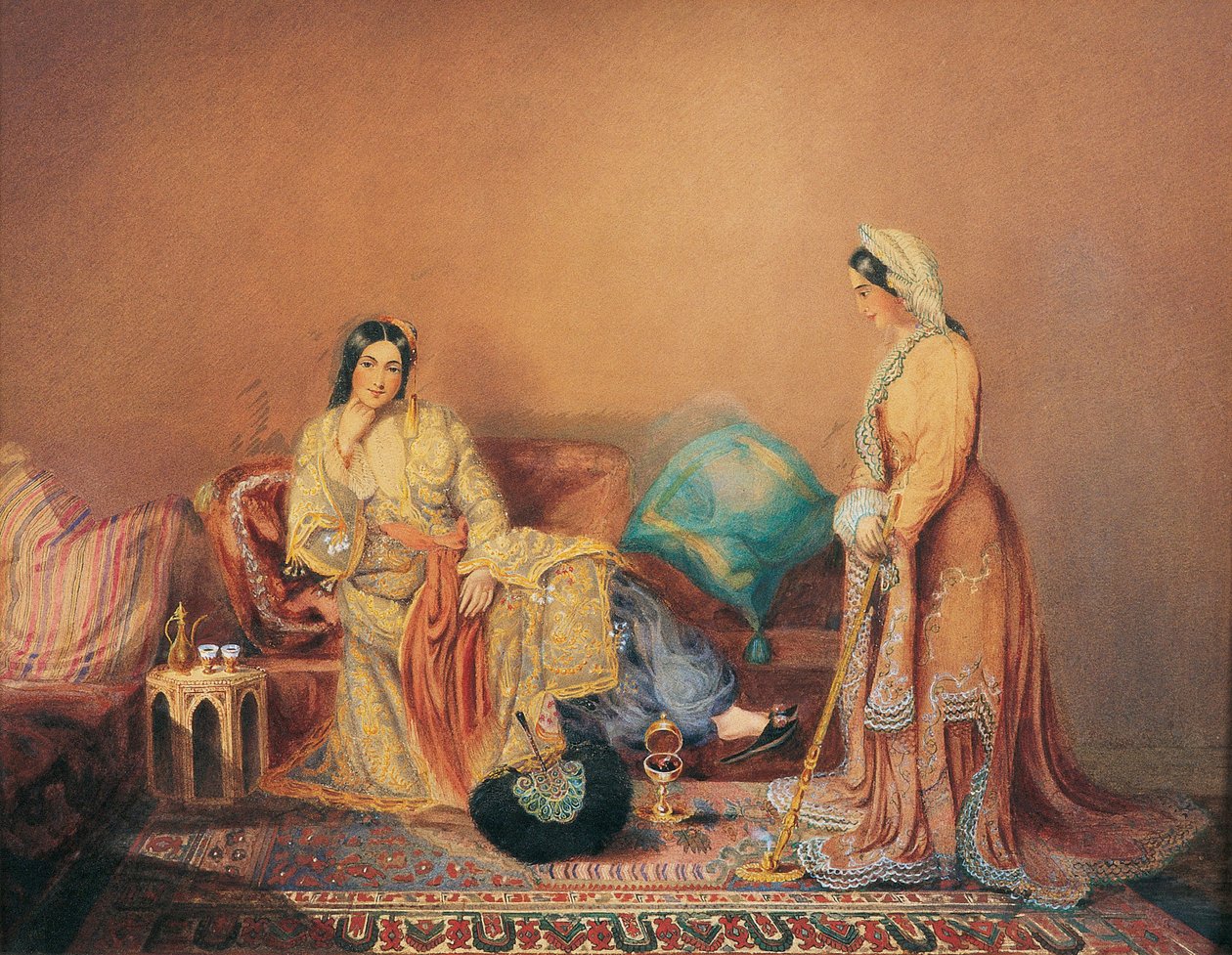 Dames Phanariotes（居住在君士坦丁堡法纳尔区的希腊裔富商）（法纳尔希腊女士）--丹尼尔-瓦伦丁-里维埃（Daniel Valentine Riviere，1780-1854 年）的画作，木板上的混合技法，19 世纪中叶，38x 作者 丹尼尔·瓦伦丁·里维耶尔