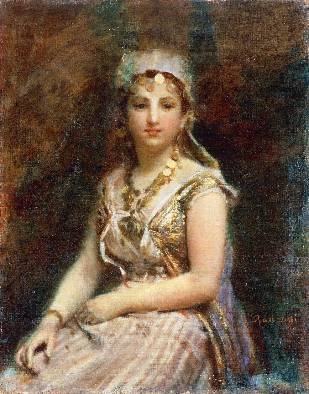 坐着的女性人物，丹尼尔·兰佐尼（Daniele Ranzoni，1843-1889）创作，布面油画，57.5x46 厘米 作者 丹妮尔兰佐尼
