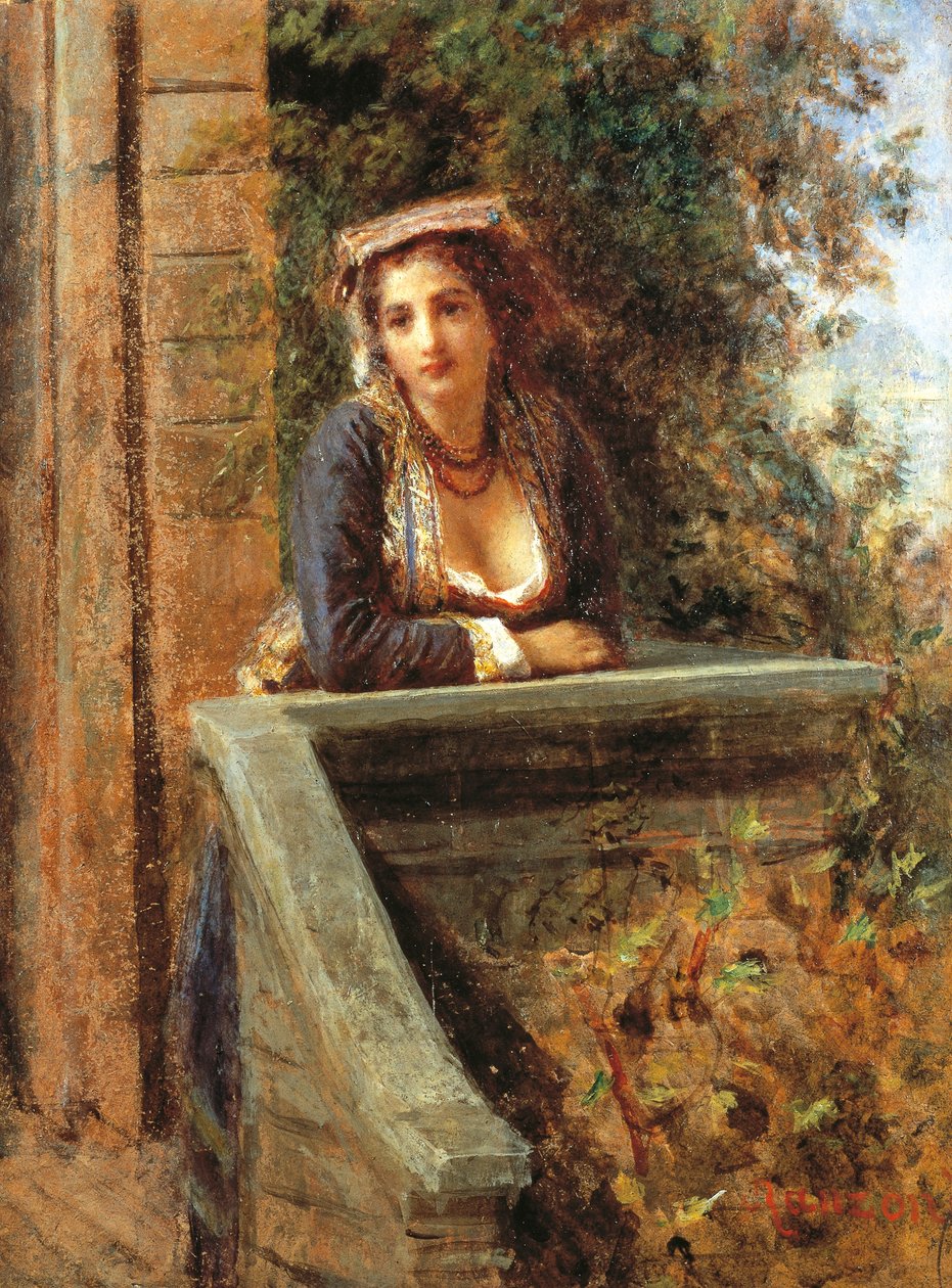 窗边的年轻女孩或阳台上的年轻女子，丹尼尔·兰佐尼（Daniele Ranzoni，1843-1889）创作，纸上油彩，木裱，44x33 厘米 作者 丹妮尔兰佐尼