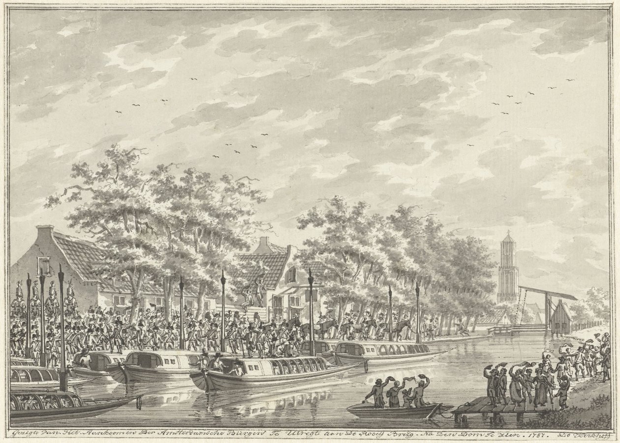 阿姆斯特丹市民抵达乌特勒支，1787 年
Gezigte Van Het Aankoomen Der Amsterdamsche Burgers Te Utregt aan De Rooy Brug.在 Den Dom 之后。1787.(物品上的标题） 作者 丹尼尔·科霍夫