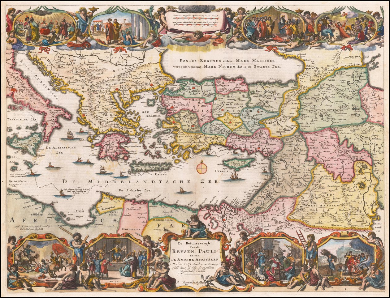 1695 年荷兰东地中海地图，显示圣保罗的旅行情况 作者 丹尼尔·斯托彭达尔