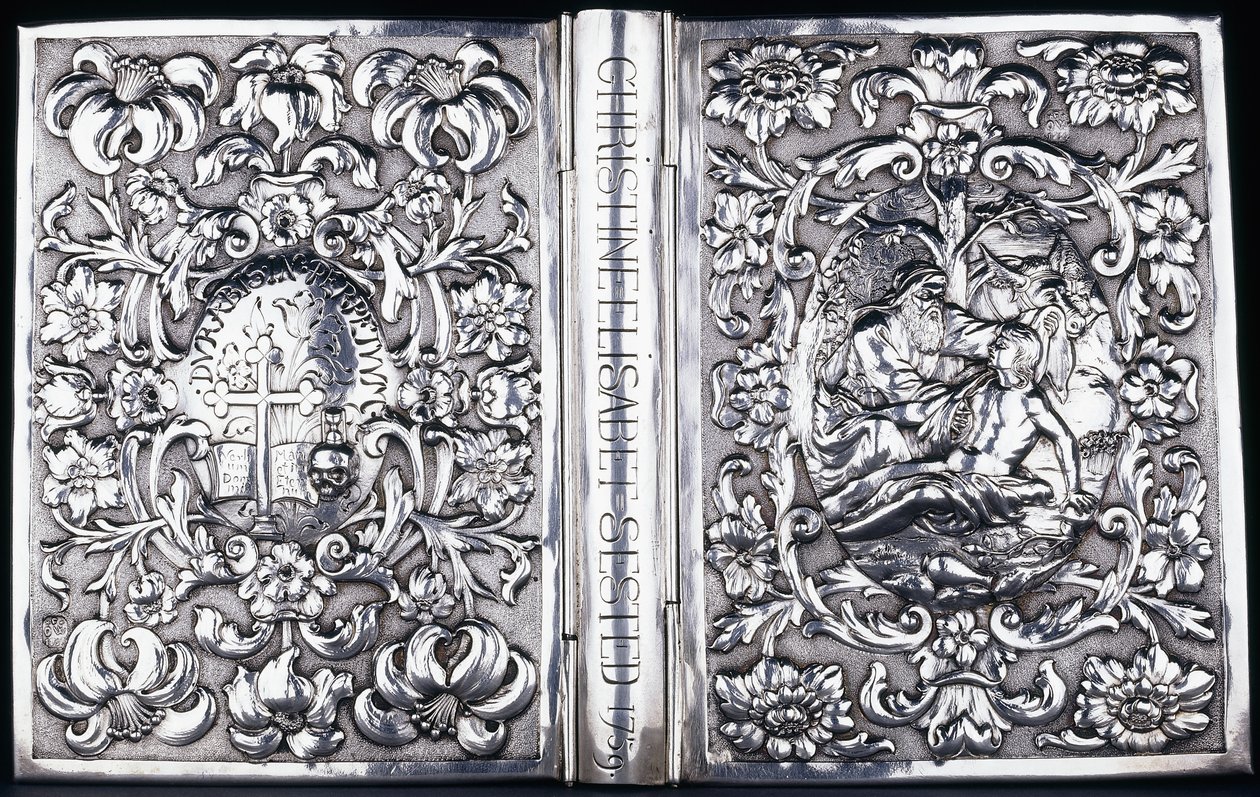 上面和下面的书套上有树叶和撒玛利亚人的画像，1740年 作者 丹麦学校