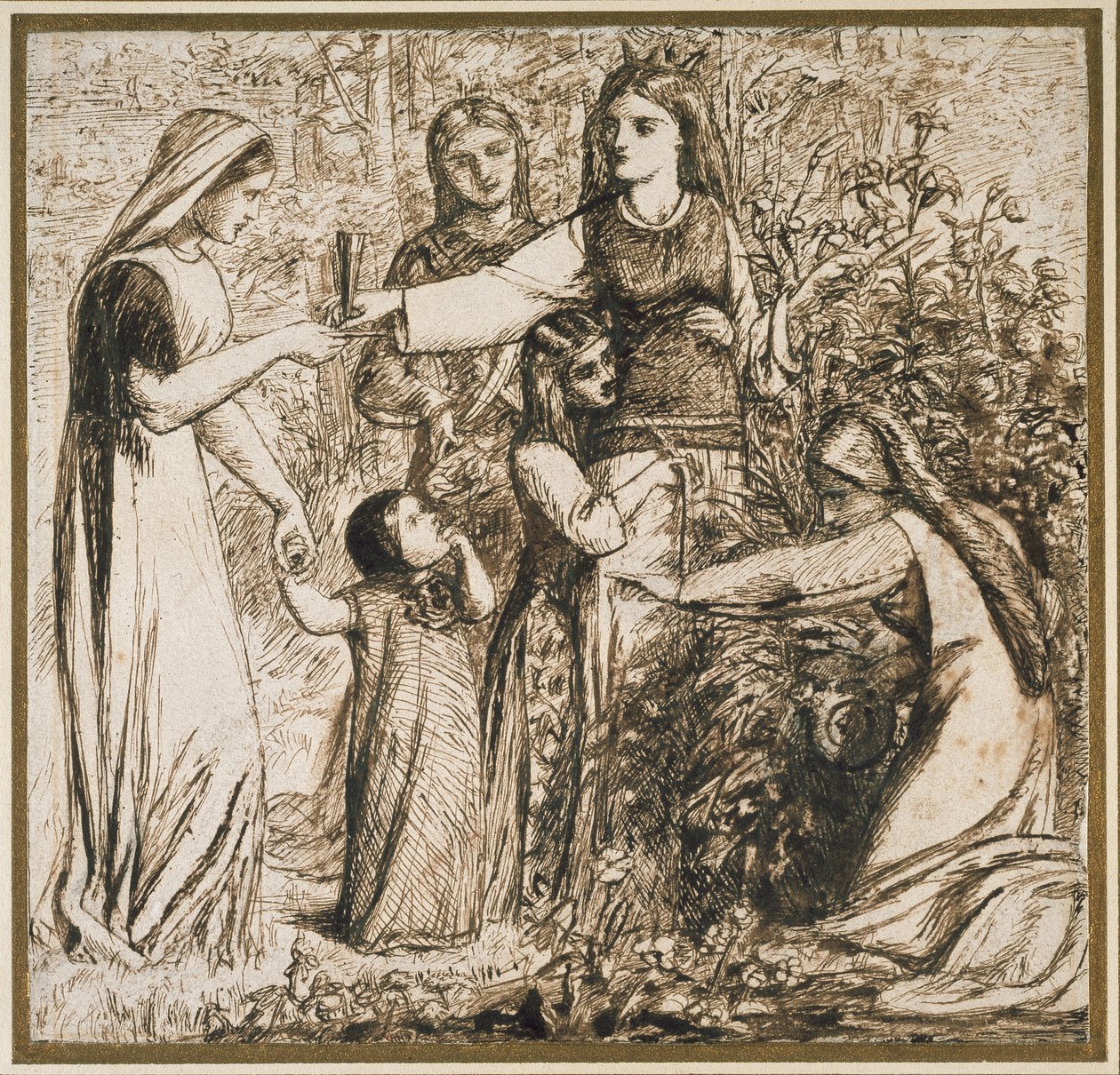 但丁的玛蒂尔达愿景收集鲜花，1855年（白纸上的笔和棕色墨水） 作者 但丁·加布里埃尔·查尔斯·罗塞蒂