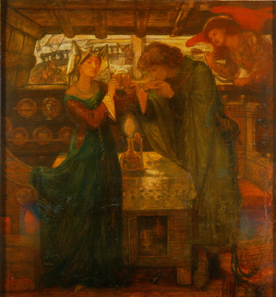 特里斯特拉姆和伊索尔德喝爱情药水，1867年（混合媒体） 作者 但丁·加布里埃尔·查尔斯·罗塞蒂