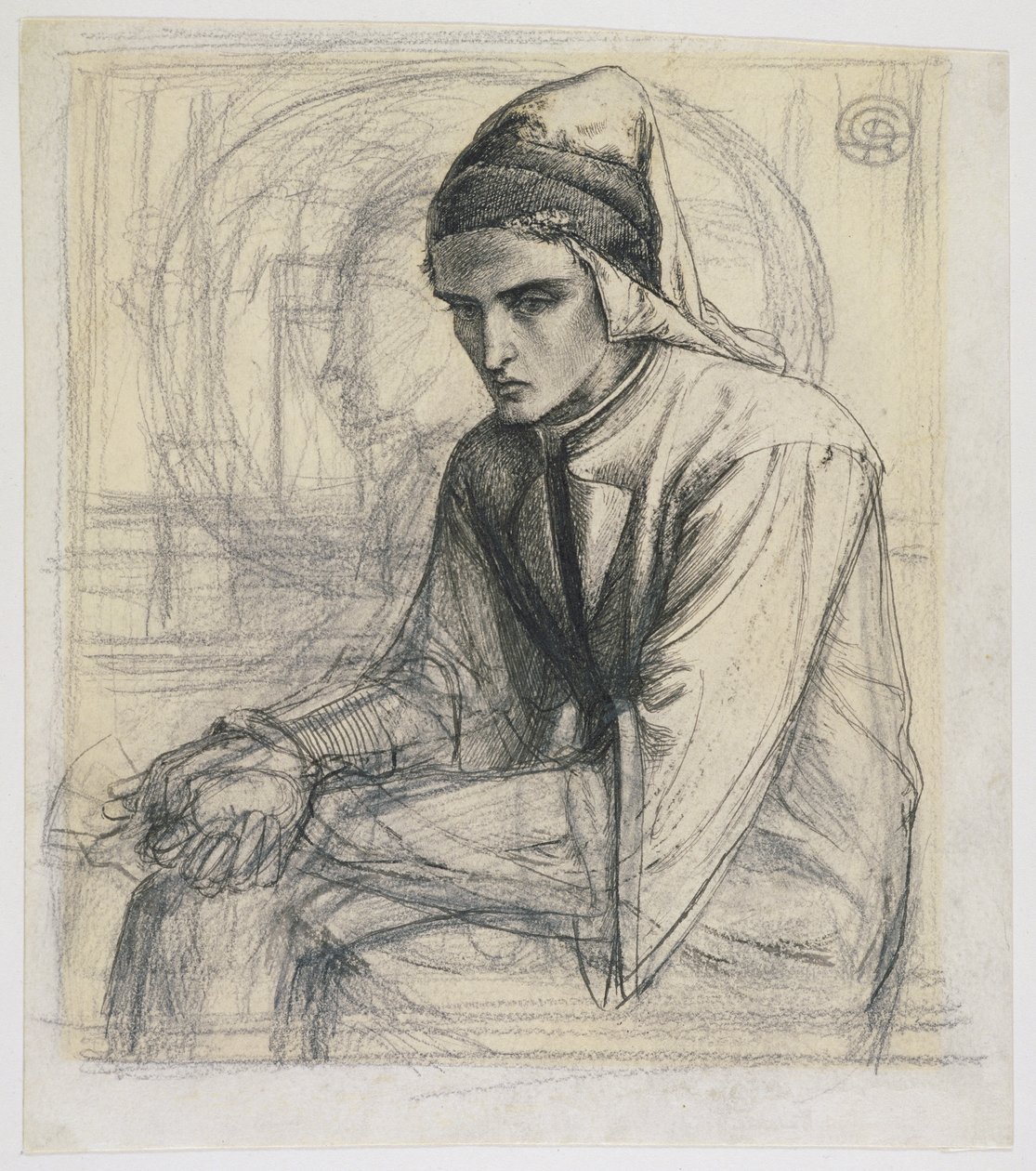 Dante in Meditation持有石榴，c.1852（笔和墨水和铅笔在纸上） 作者 但丁·加布里埃尔·查尔斯·罗塞蒂
