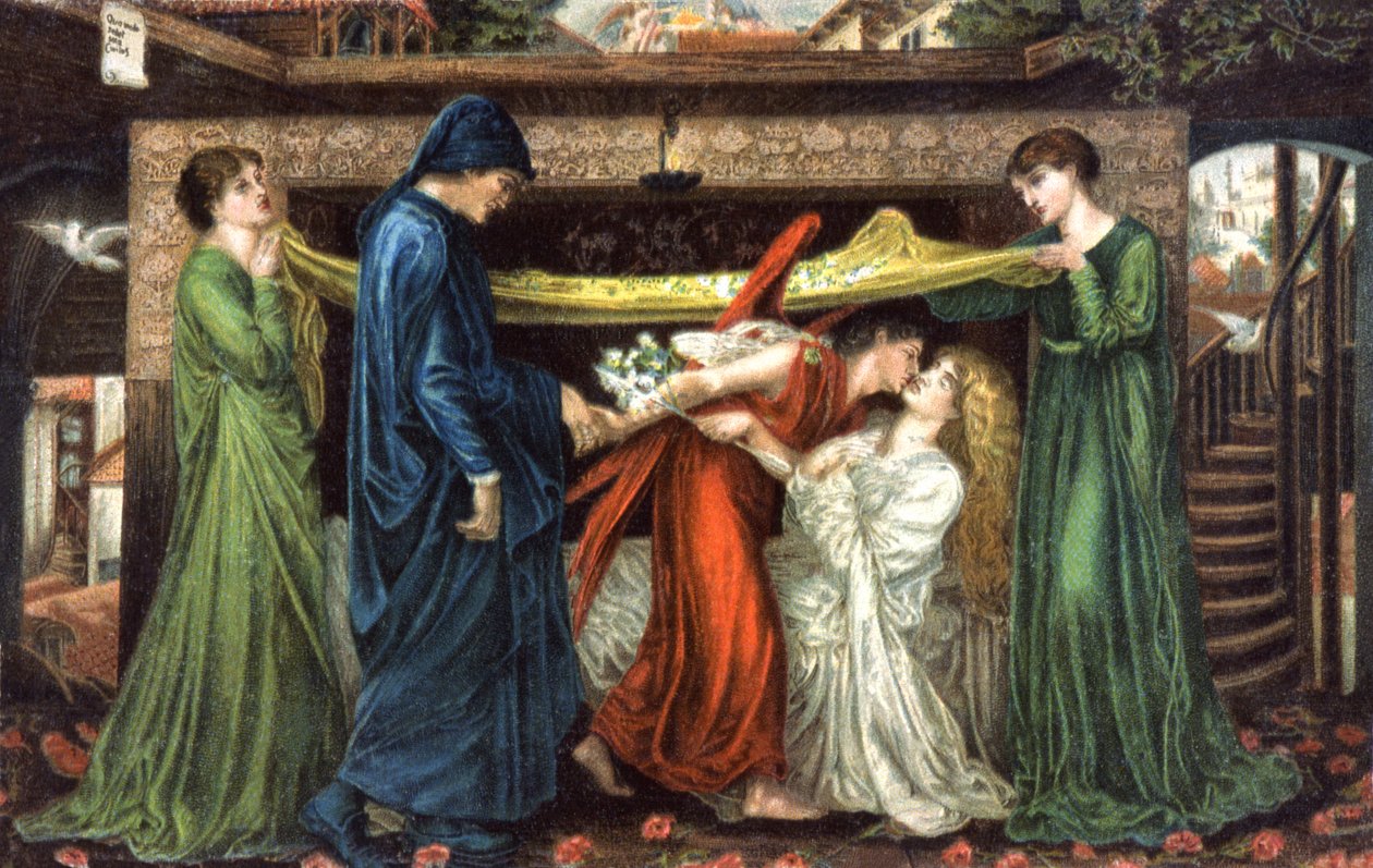 但丁·阿利吉耶里 (Dante Alighieri) 遇见贝阿特丽斯 (Beatrice)，约 1900 年（明信片） 作者 但丁·加布里埃尔（后）罗塞蒂