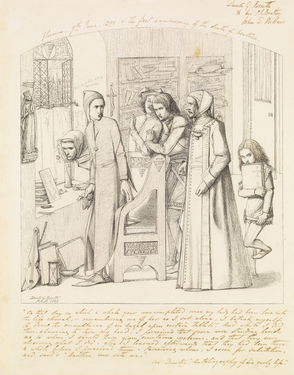 但丁（Dante）在比阿特丽斯（Beatrice）逝世一周年纪念日上画天使，1848-9 作者 但丁·加布里埃尔·查尔斯·罗塞蒂
