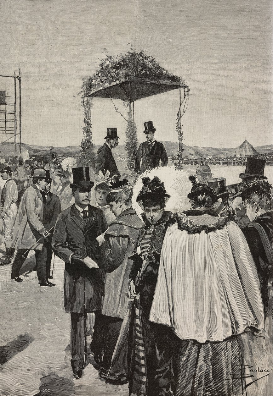 萨沃伊-奥斯塔都灵伯爵维托里奥·埃马努埃莱 (Vittorio Emanuele) 参加意大利罗马 Tor di Quinto 赛马会，由但丁·保洛奇 (Dante Paolocci) 绘制，出自《意大利插画》，XX 年，第 13 期，3 月 26 日 作者 但丁保洛奇