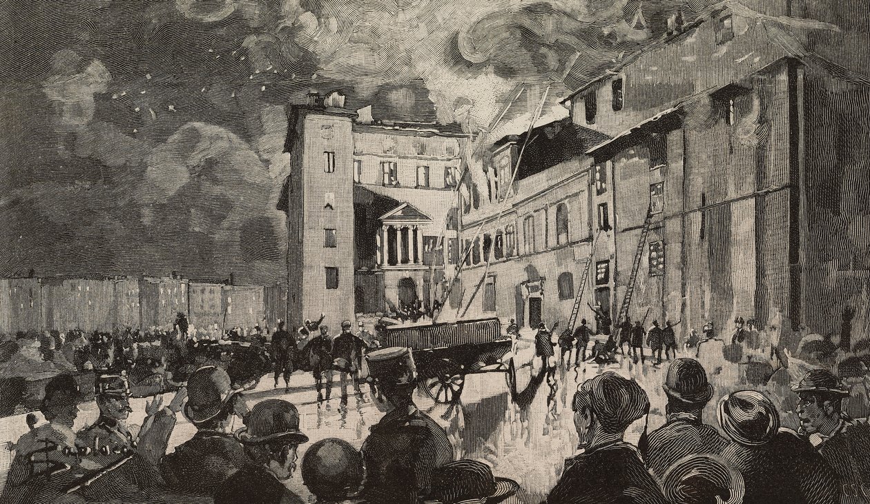 1893 年以色列学校火灾，意大利罗马，但丁·保洛奇 (Dante Paolocci) 绘画后的雕刻，选自《意大利插画》，XX 年，第 7 期，2 月 12 日 作者 但丁保洛奇