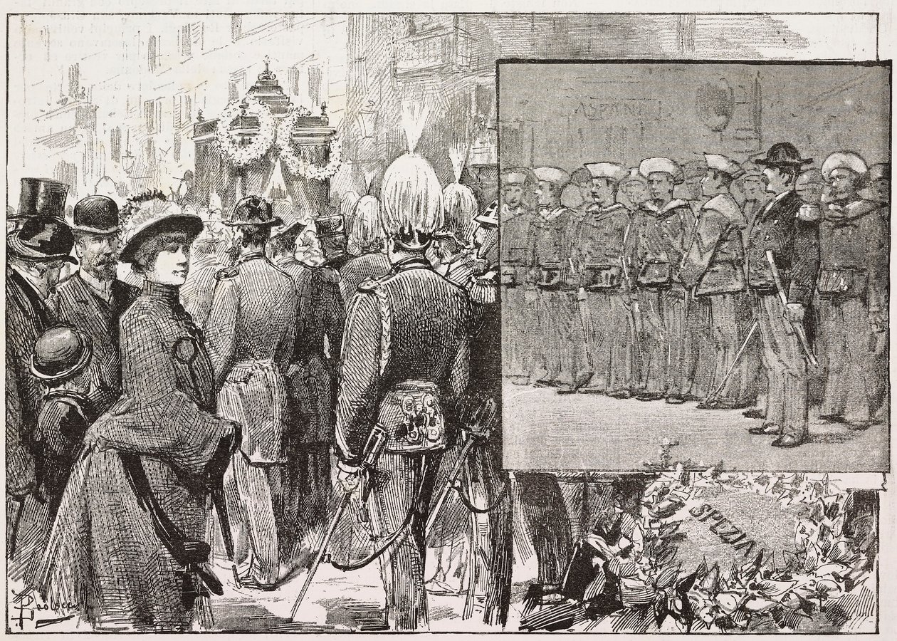 海军上将 Luigi Buglione di Monale (1821-1884) 的葬礼，意大利罗马，根据但丁·保洛奇 (Dante Paolocci) 的绘画雕刻，来自《意大利插画》，第 52 期，12 月 28 日 作者 但丁保洛奇