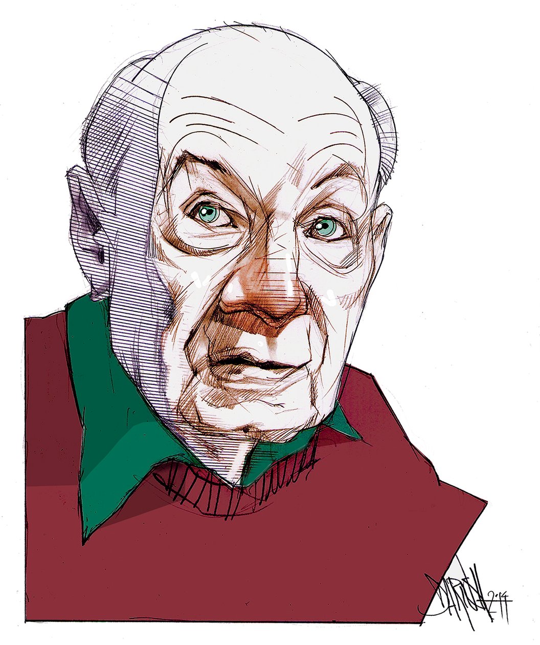 Gustave Thibon，2014 年（数字彩色铅笔画） 作者 达里乌什·拉德普尔