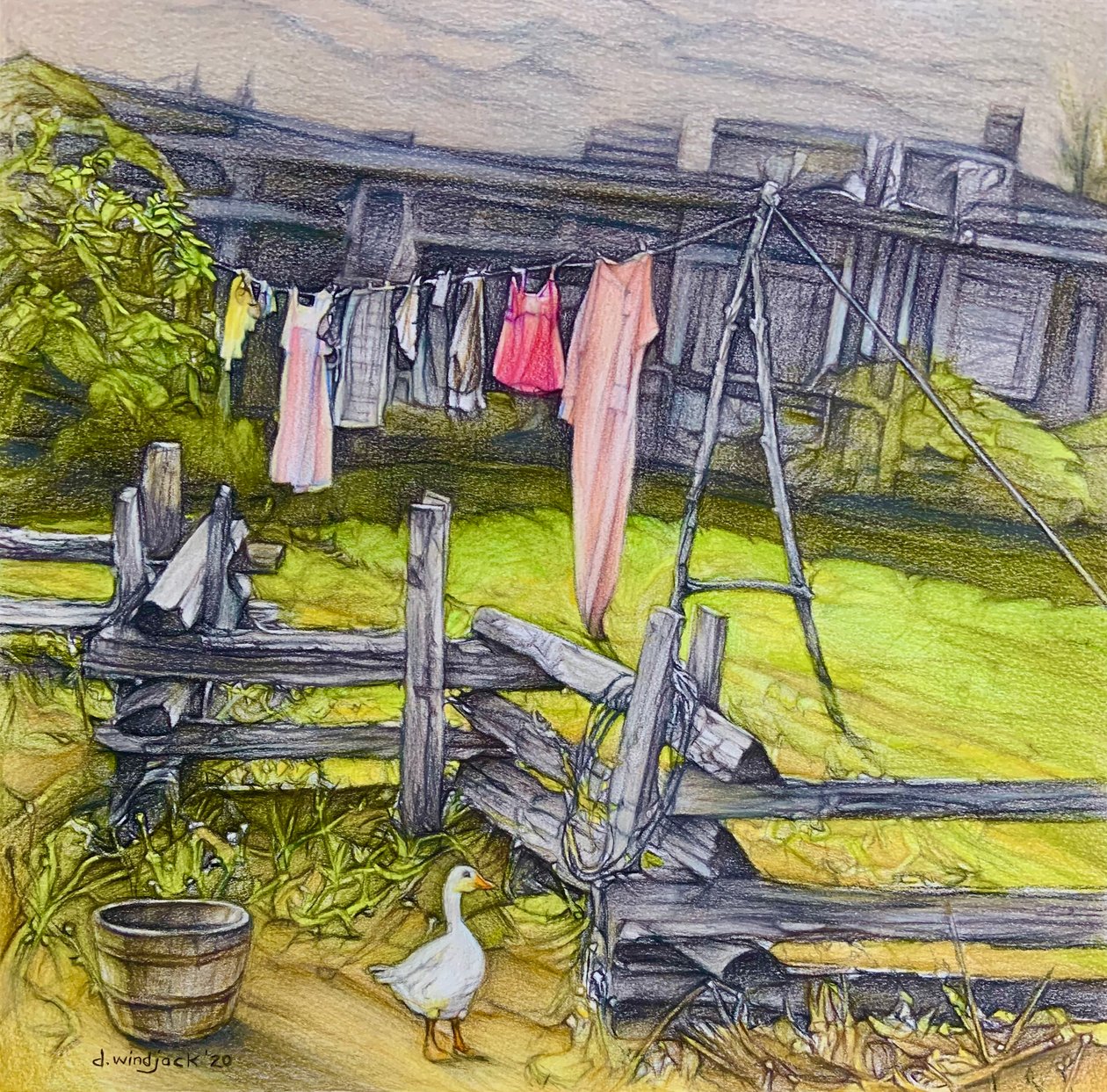 晒衣绳》，2020 年（纸上铅笔） 作者 达雷尔·温杰克