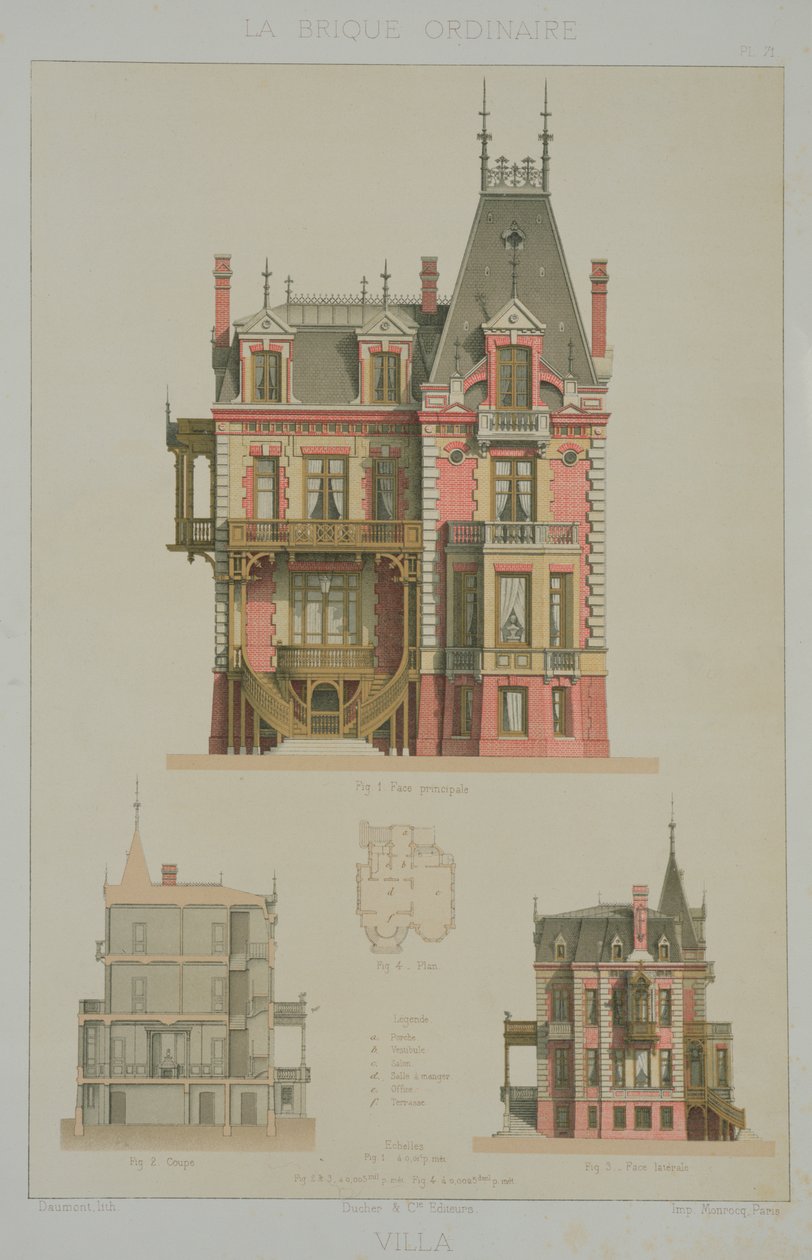 Trouville的砖砌别墅设计，插图来自J. Lacroux的&39;The Ordinary Brick&39;，Editions Ducher，1878 作者 道蒙