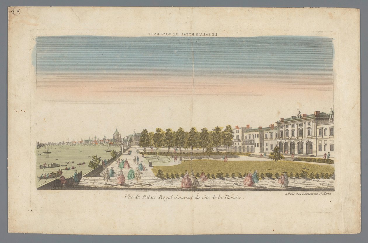 从泰晤士河畔俯瞰萨默塞特宫，伦敦为背景
Le Palais Royal de Somerset / Vue du Palais Royal Somerset du côté de la Thamise（标题在实物上） 作者 道蒙