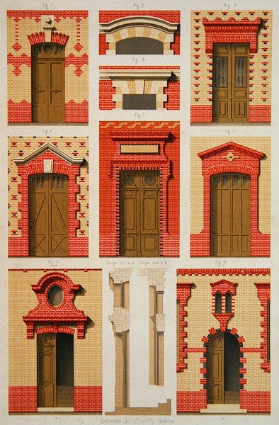 砖头上的凸出部分和三面墙的设计，插图来自J.Lacroux的《La Brique Ordinaire》，Ducher版本 作者 道蒙 道蒙