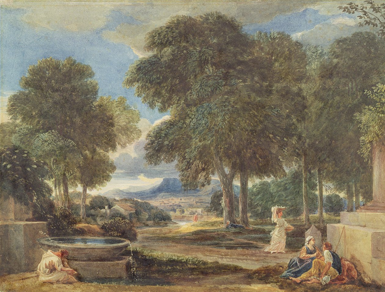 Nicolas Poussin（1594-1665）之后，一名男子在喷泉洗脚的景观 作者 大卫·考克斯