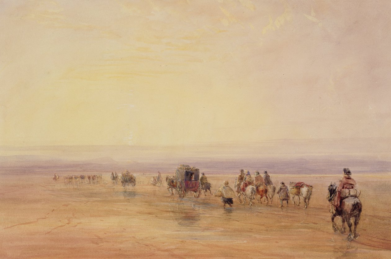 在兰卡斯特沙滩，日落（穿越兰卡斯特沙滩）c.1835（在纸上的石墨上的体积和颜色） 作者 大卫·考克斯