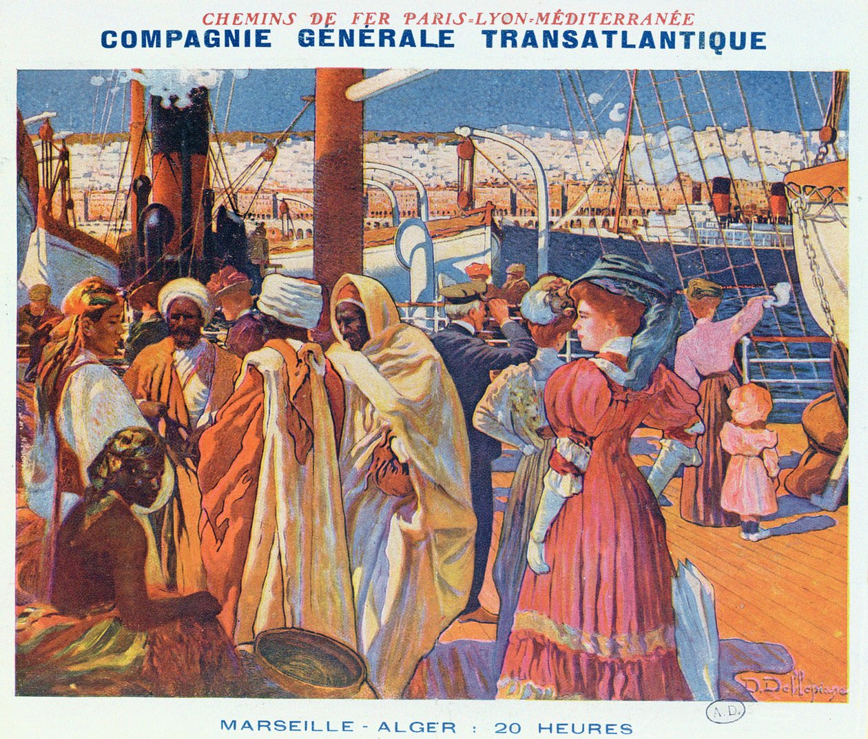 海报宣传1909年20小时内从马赛到阿尔及尔的&39;Compagnie Generale Transatlantique&39;船只服务 作者 戴维·德勒皮安妮