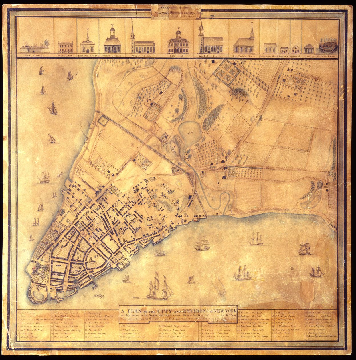 纽约市和周边地区的计划，如他们在1742年至1744年，1813年笔墨黑色和彩色，水彩，铅笔在纸上。 作者 大卫·格里姆