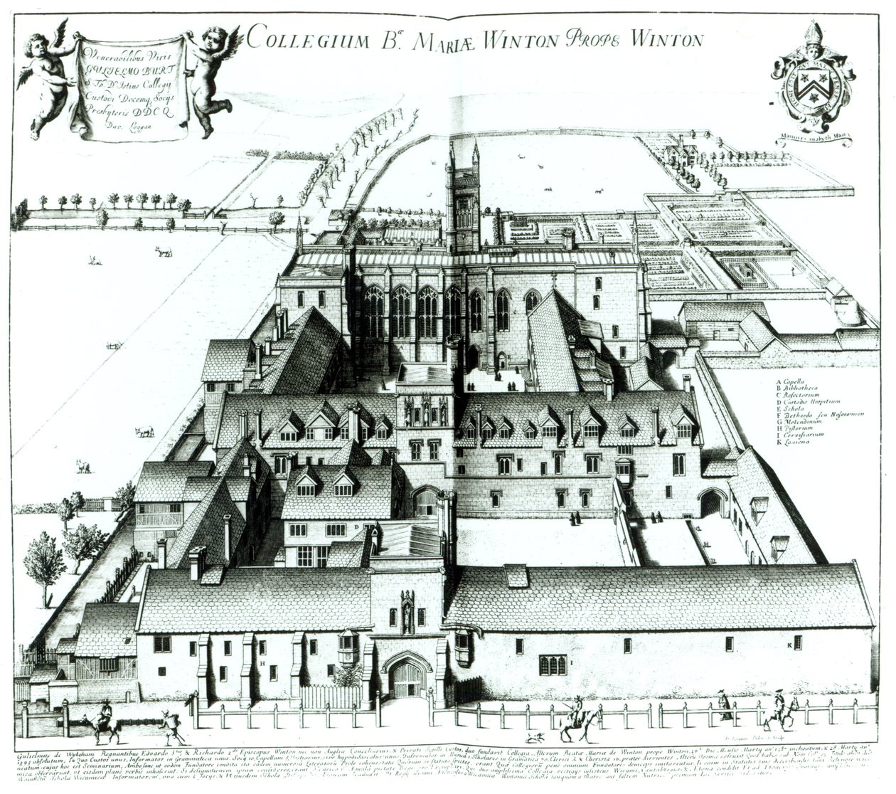 温彻斯特学院，收藏了1675年出版的地形插图&39;Oxonia Illustrata&39; 作者 大卫·洛根（David Loggan）