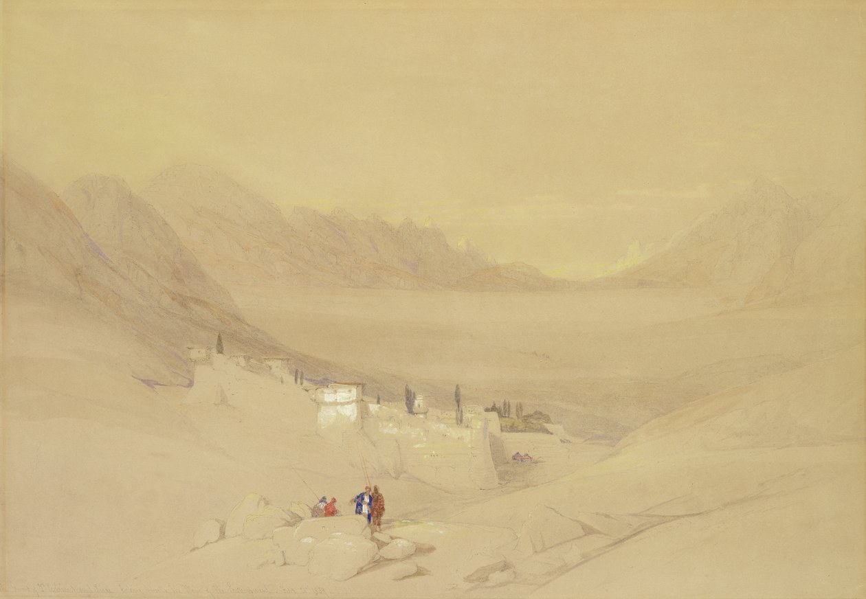西奈山圣凯瑟琳修道院，1839年望向营地平原（纸上石墨） 作者 大卫·罗伯茨