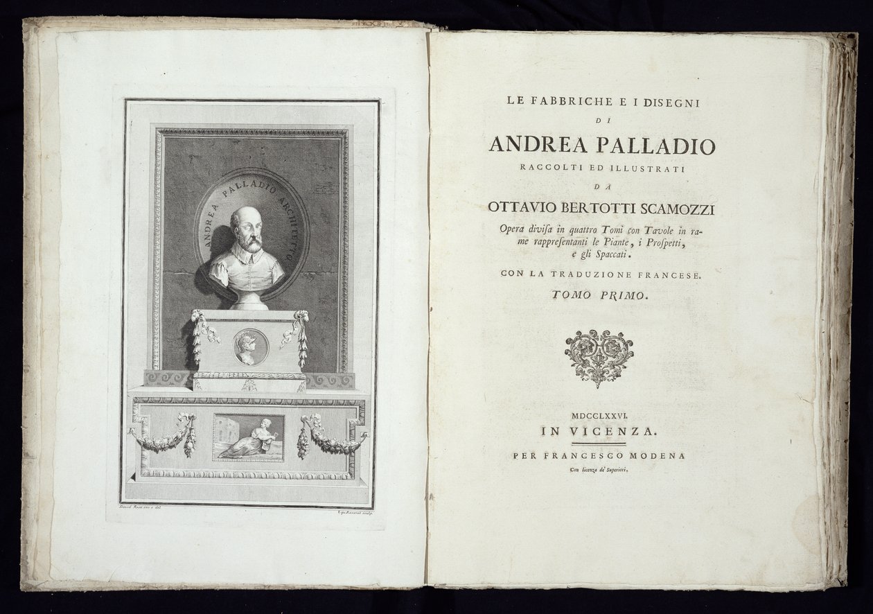 Andrea Palladio的工厂和图纸的标题页，由建筑师的肖像，由Simon Francis Ravenet（1737-1821）雕刻，1776年出版 作者 大卫·罗西