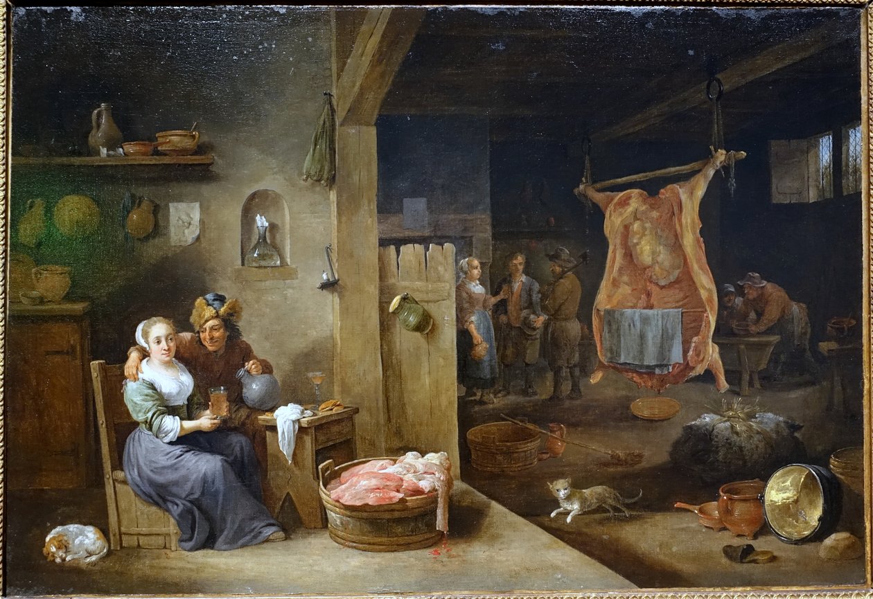 弗拉芒内部与屠宰的牛 作者 大卫·特尼尔斯（David Teniers）