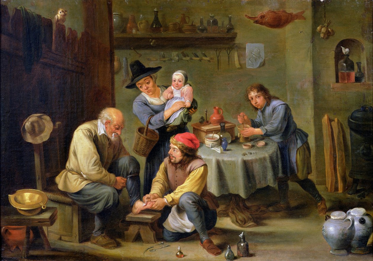 外科医生抚摸着一个老人的脚 作者 大卫·特尼尔斯（David Teniers）