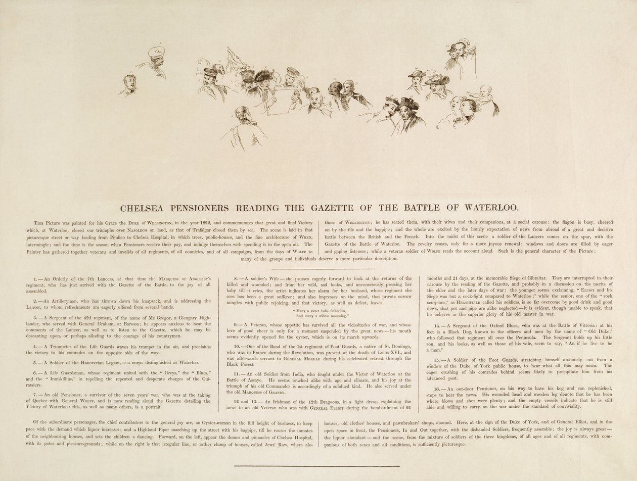 “切尔西养老金领取者阅读滑铁卢公报”的关键，1829年 作者 大卫威尔基
