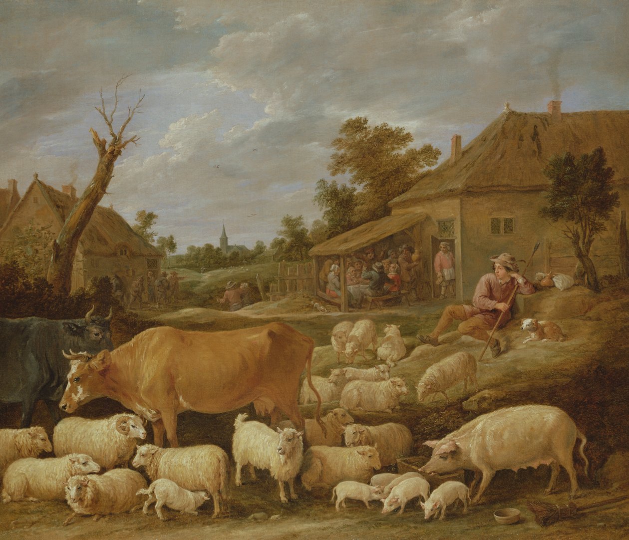 一个牧羊人和他的羊群由酒馆 作者 大卫·特尼尔斯（David Teniers）