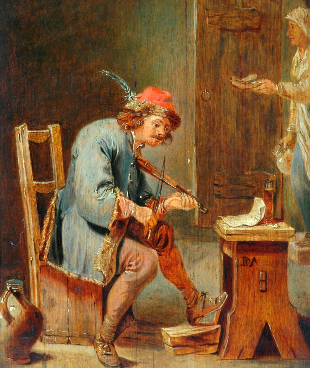 男人玩小提琴，1800-50（木板上的油） 作者 大卫·特尼尔斯（David Teniers）