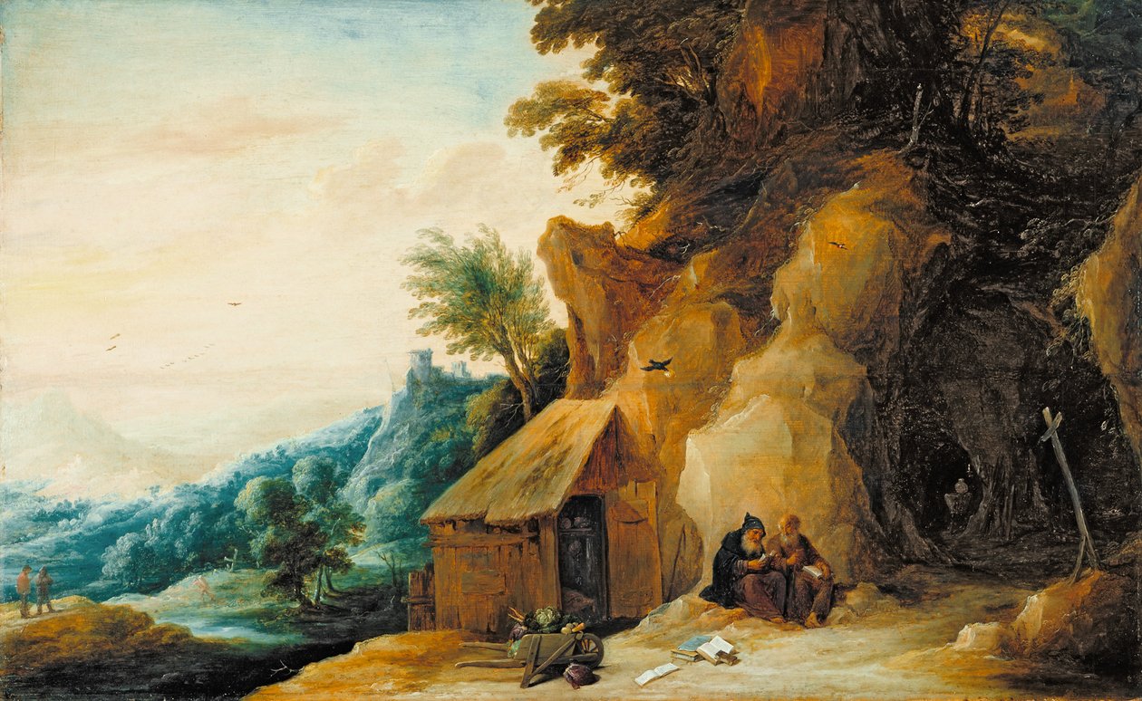 圣安东尼和保罗在景观中，c.1636-38（油面板转移到masonite） 作者 大卫·特尼尔斯（David Teniers）
