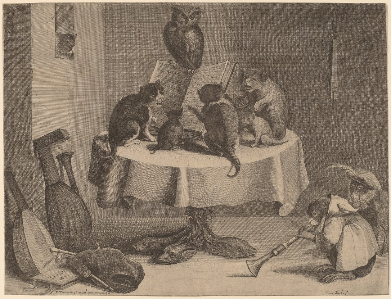 猫的音乐会（在纸上雕刻和蚀刻） 作者 大卫·特尼尔斯（David Teniers）