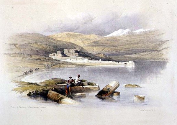 看向黎巴嫩的太巴列镇，《圣地》第一卷中的图版35，由Louis Haghe（1806-85）雕刻出版。1842年（石印 作者 大卫（后）罗伯茨