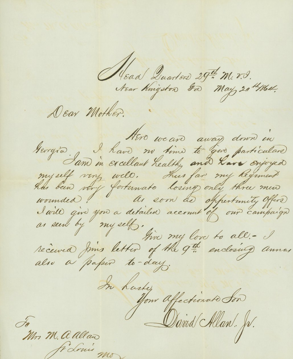1864年5月20日，Ga.Kingston附近的M.V.I.第29军司令部给他母亲M.A.Allan夫人的信，署名David Allan, Jr.。 作者 大卫·艾伦