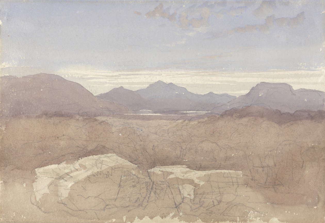 北威尔士的山景城，约1818年（含纸和石墨） 作者 大卫·考克斯