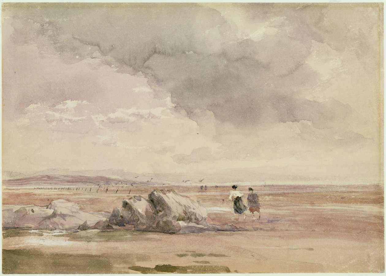 在兰开斯特沙滩上，低潮，c.1840-47（w - c，钢笔和黑色墨水，铅笔在纸上） 作者 大卫·考克斯
